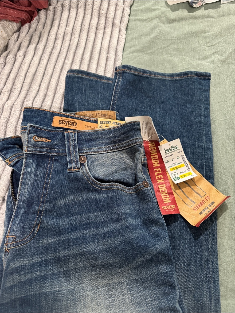 Seven7 Men's Straight Leg Blue Denim Jeans with Faded Finish